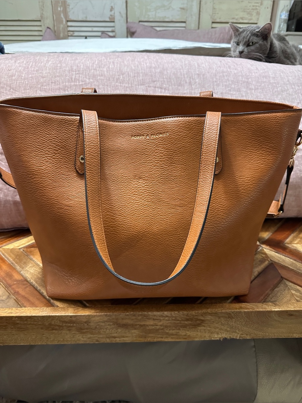 Poppy & Peonies Tan Pebbled Leather Tote with Top Handles